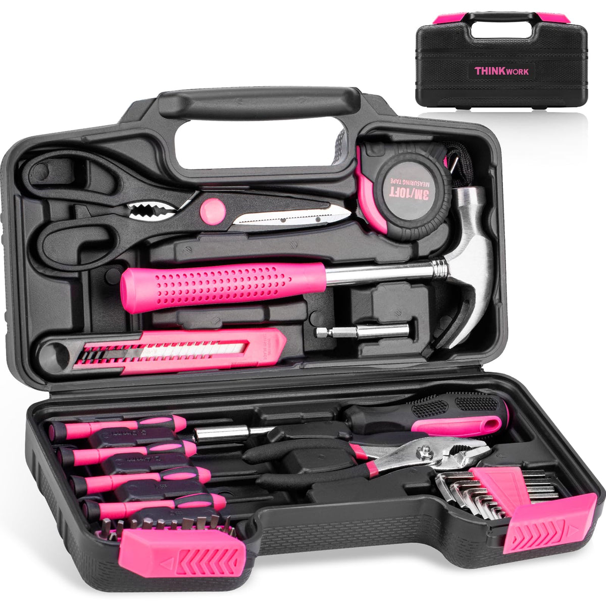 THINKWORK pink tool set storage box keeps tools organized and portable.
