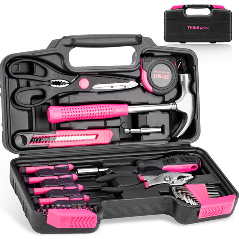 THINKWORK pink tool set storage box keeps tools organized and portable.