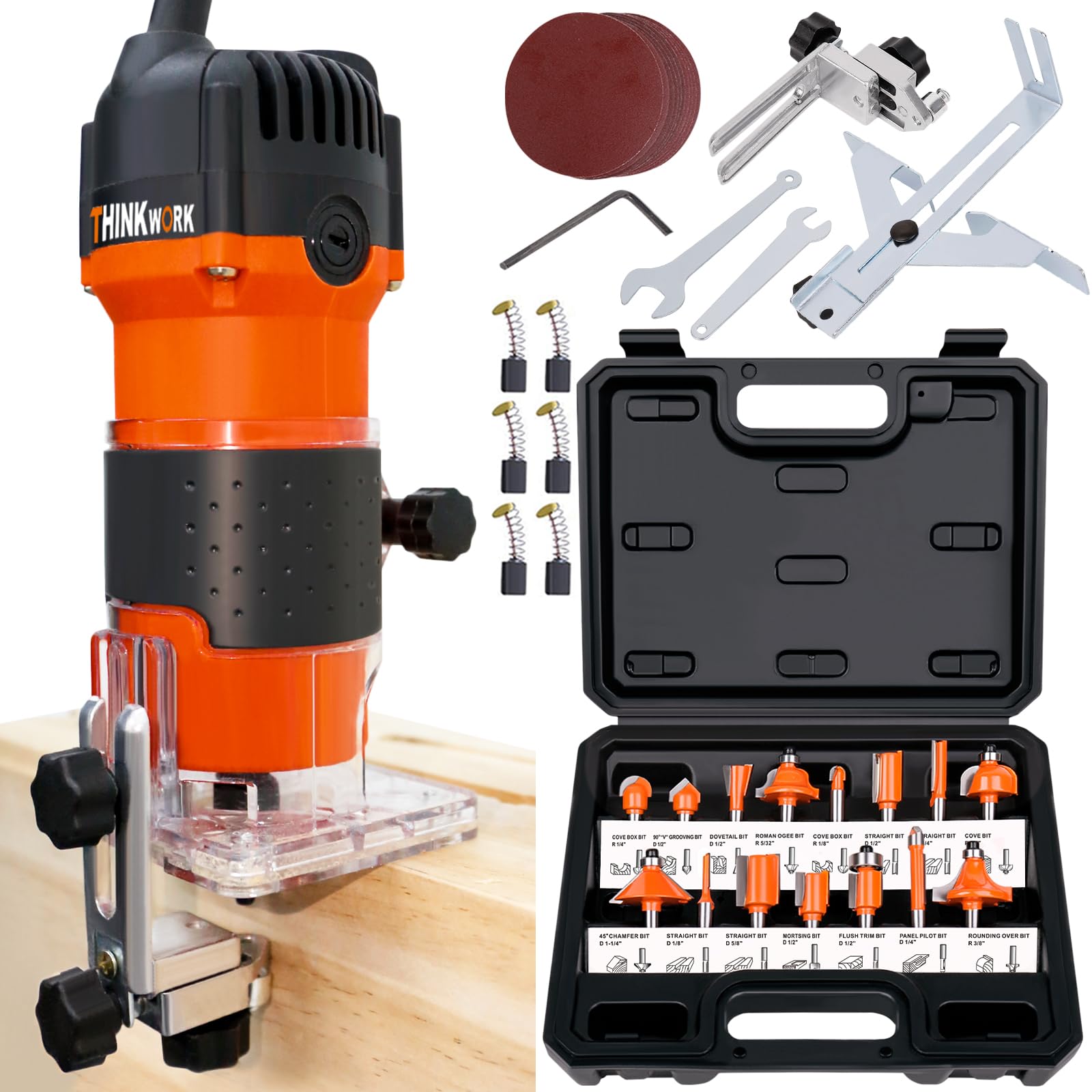 Think Code Rapid Router THINKWORK Router Tool – 6.5A 30,000 RPM Wood Router with 15-Piece Bit ...