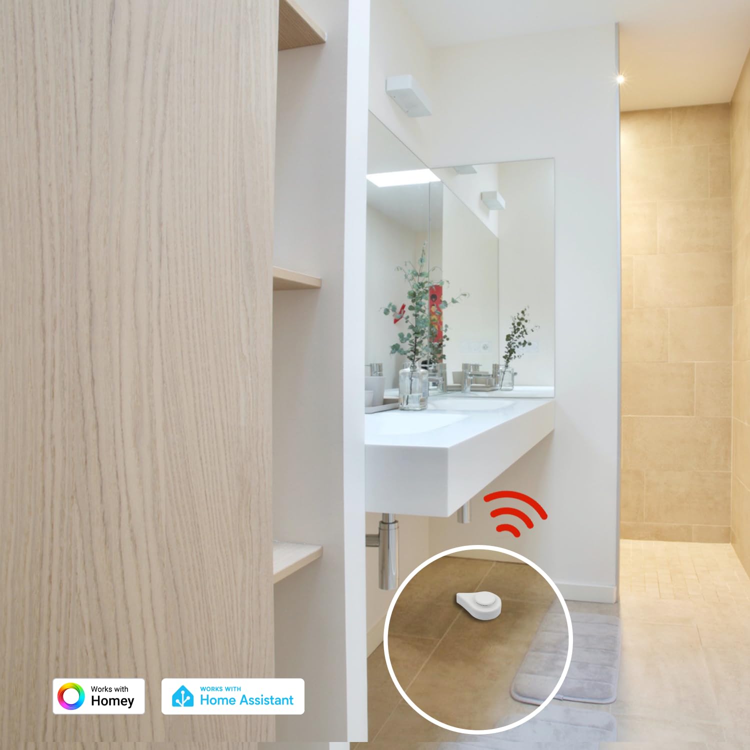 ThirdReality Zigbee Water Leak Sensor close-up highlights compact design suitable for tight spaces