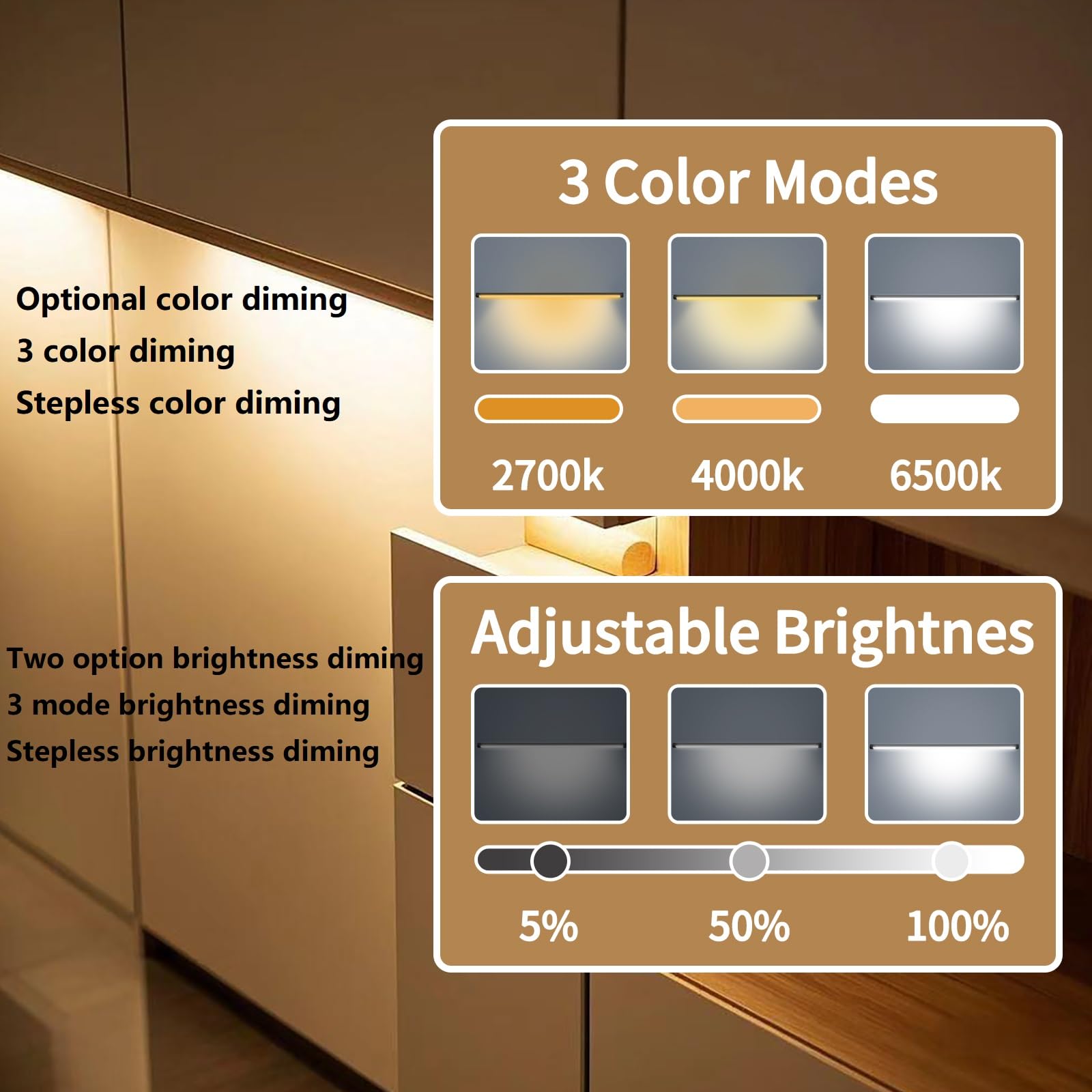 THLIFURE under-cabinet light bar dimming control for precise brightness.