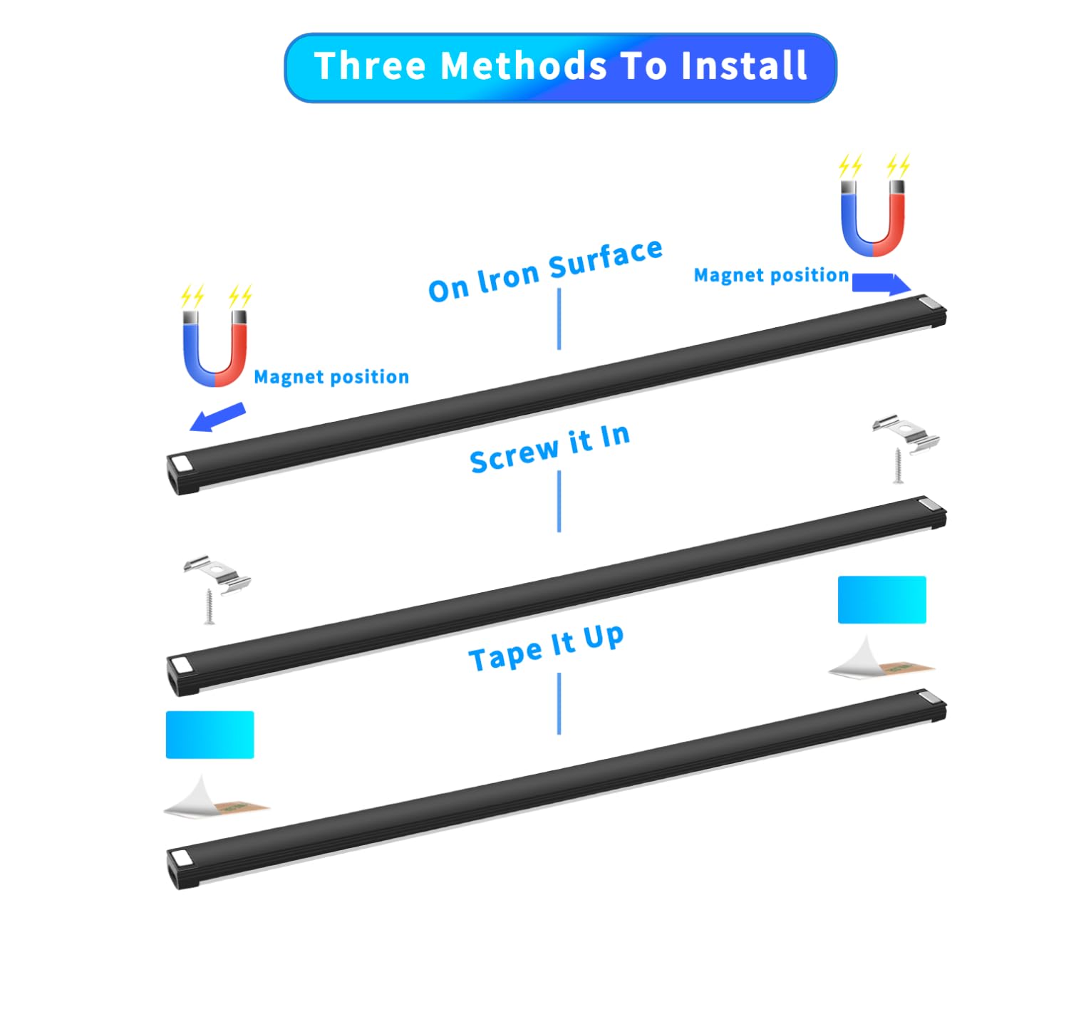 THLIFURE under-cabinet light bar magnetic mount enables tool-free setup.