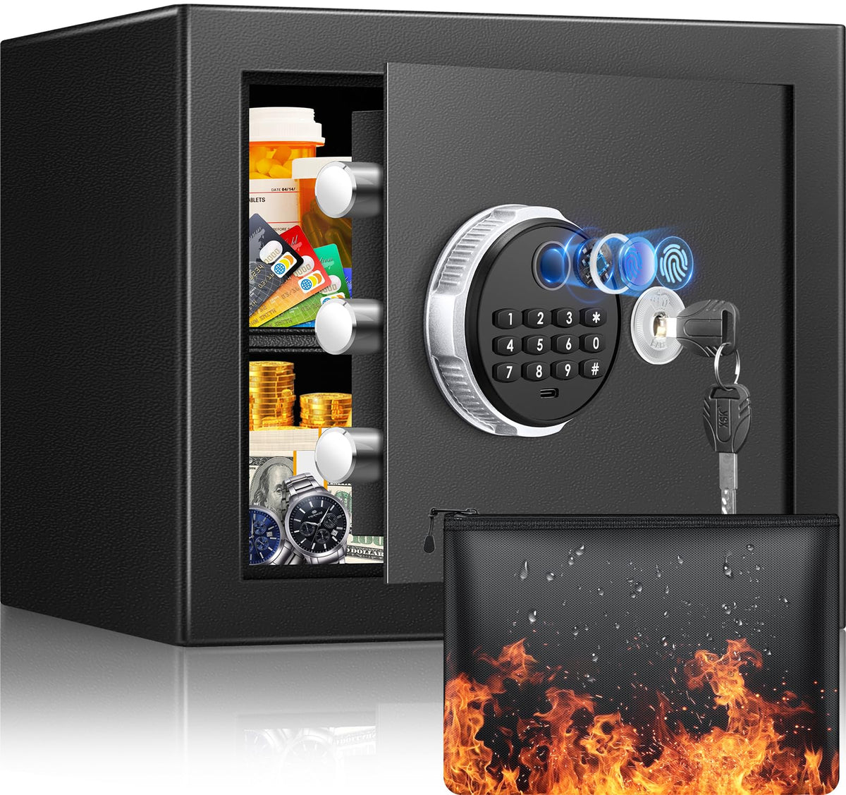 Thmosz Safe Box front view showing compact design and secure hardware