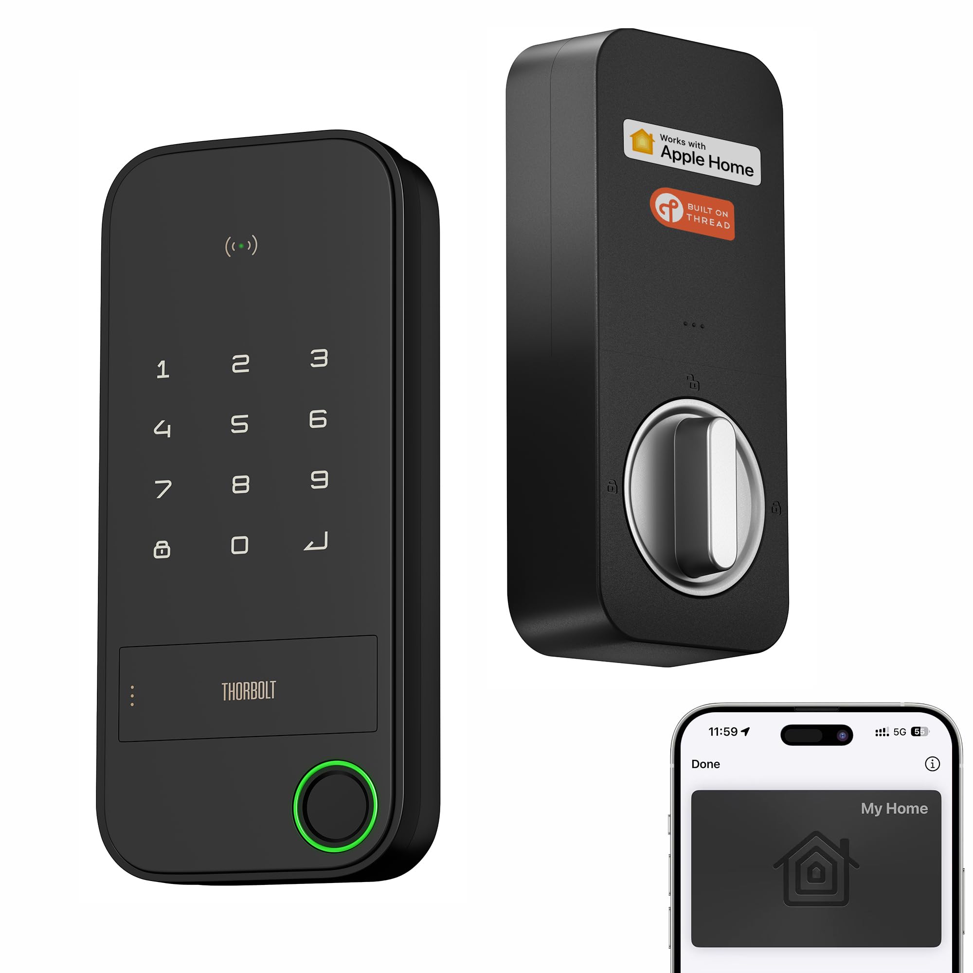 ThorBolt X1 front view shows a sleek weatherproof keyless entry lock for modern doors.
