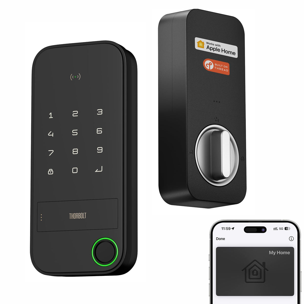 ThorBolt X1 front view shows a sleek weatherproof keyless entry lock for modern doors.
