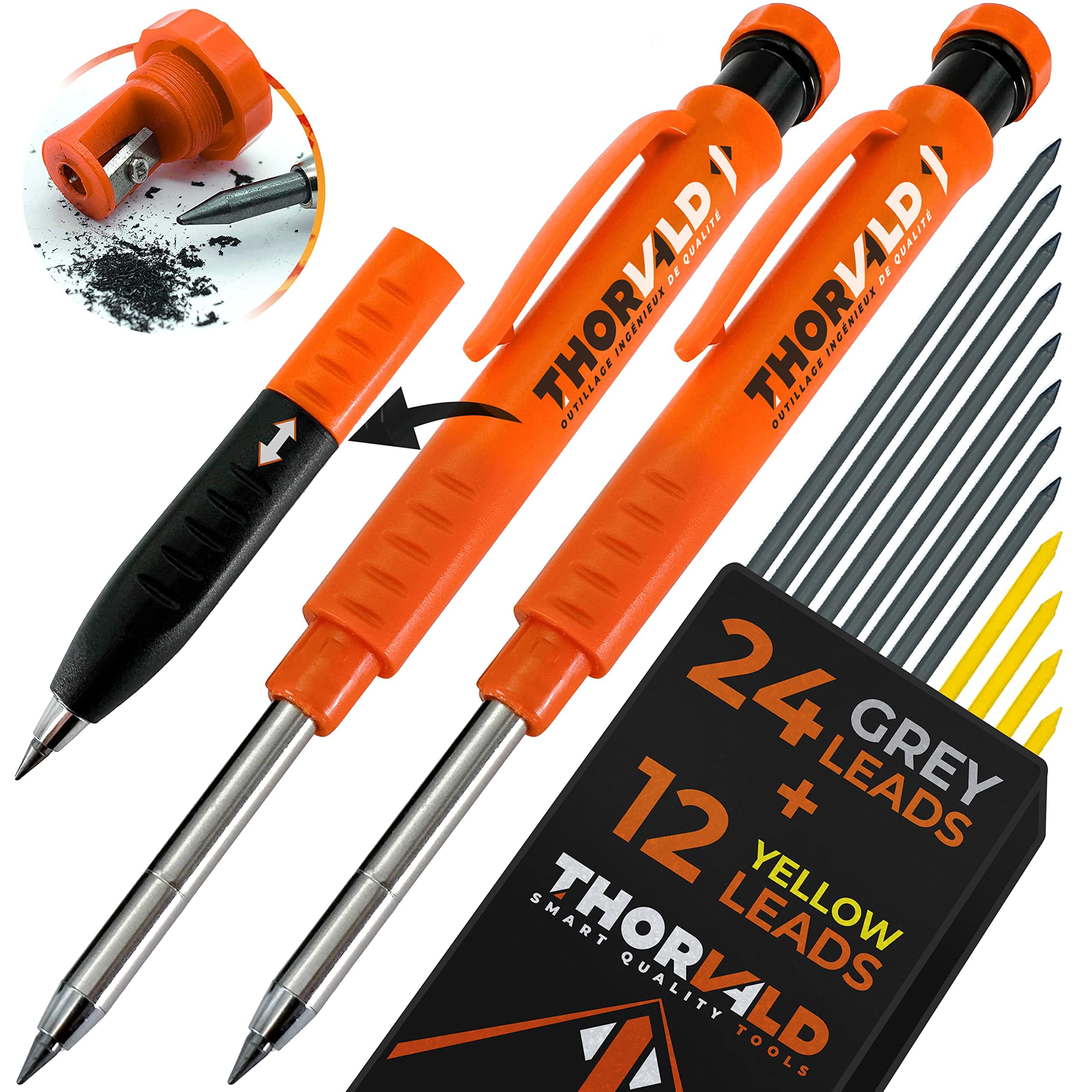 THORVALD 2 carpenter pencils set with 38 yellow leads for tracing on wood and metal.