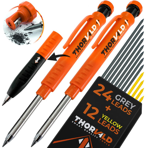 THORVALD 2 carpenter pencils set with 38 yellow leads for tracing on wood and metal.