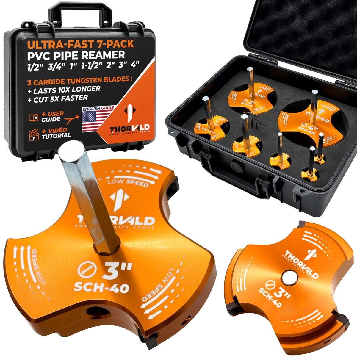 THORVALD PVC pipe reamer shown for seven sizes across Schedule 40 pipes.