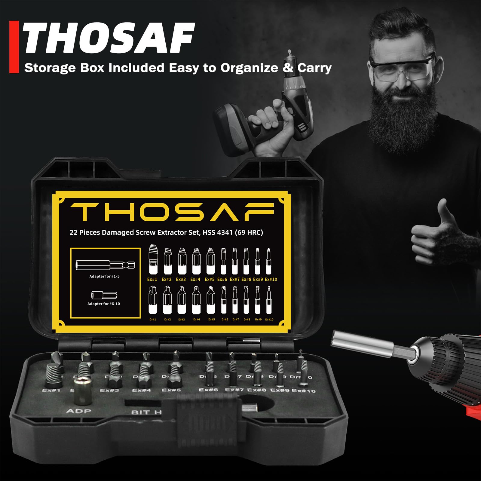 THOSAF extension bit holder with magnetic grip secures bits.