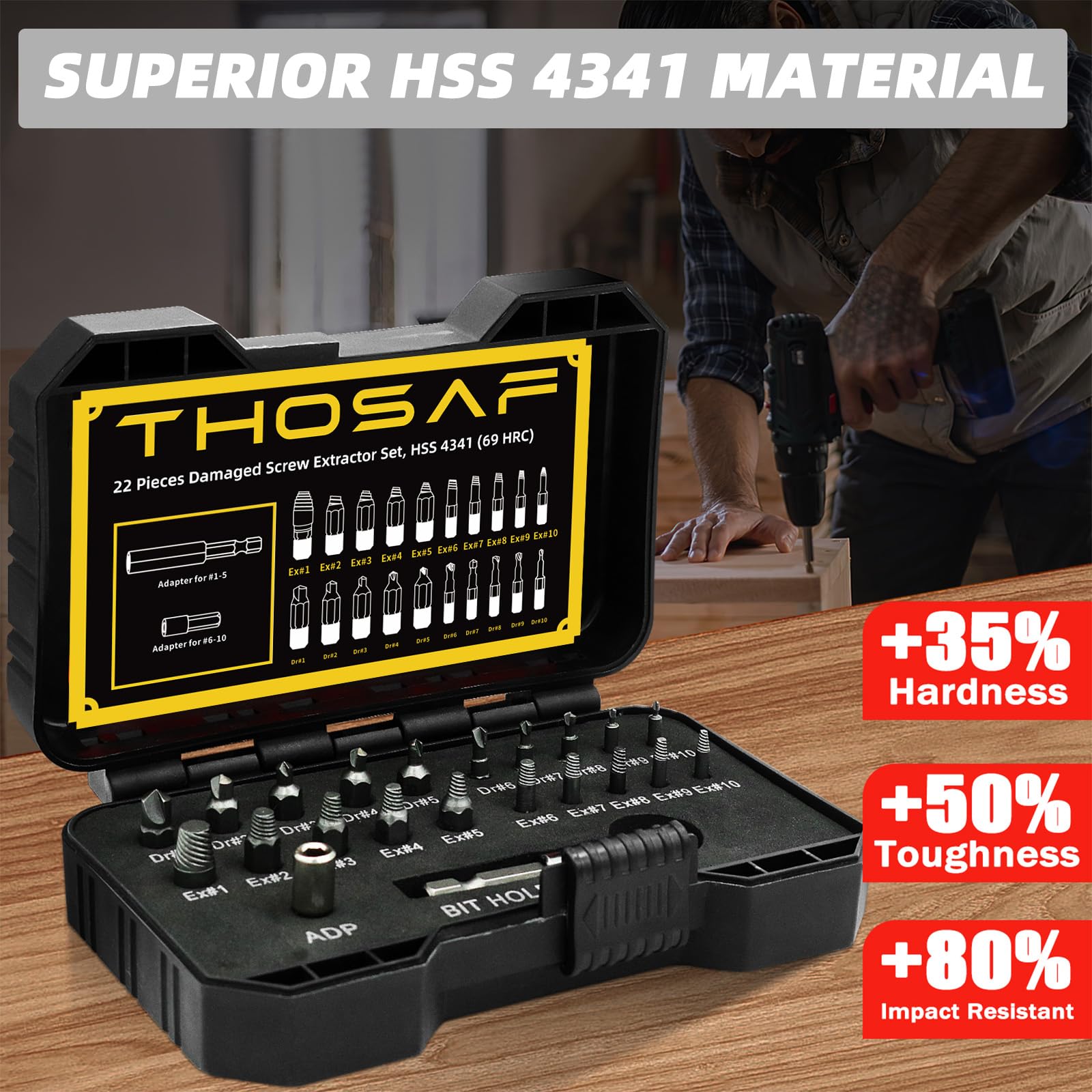 THOSAF 20-piece stripped screw extractor set covers 10 sizes.