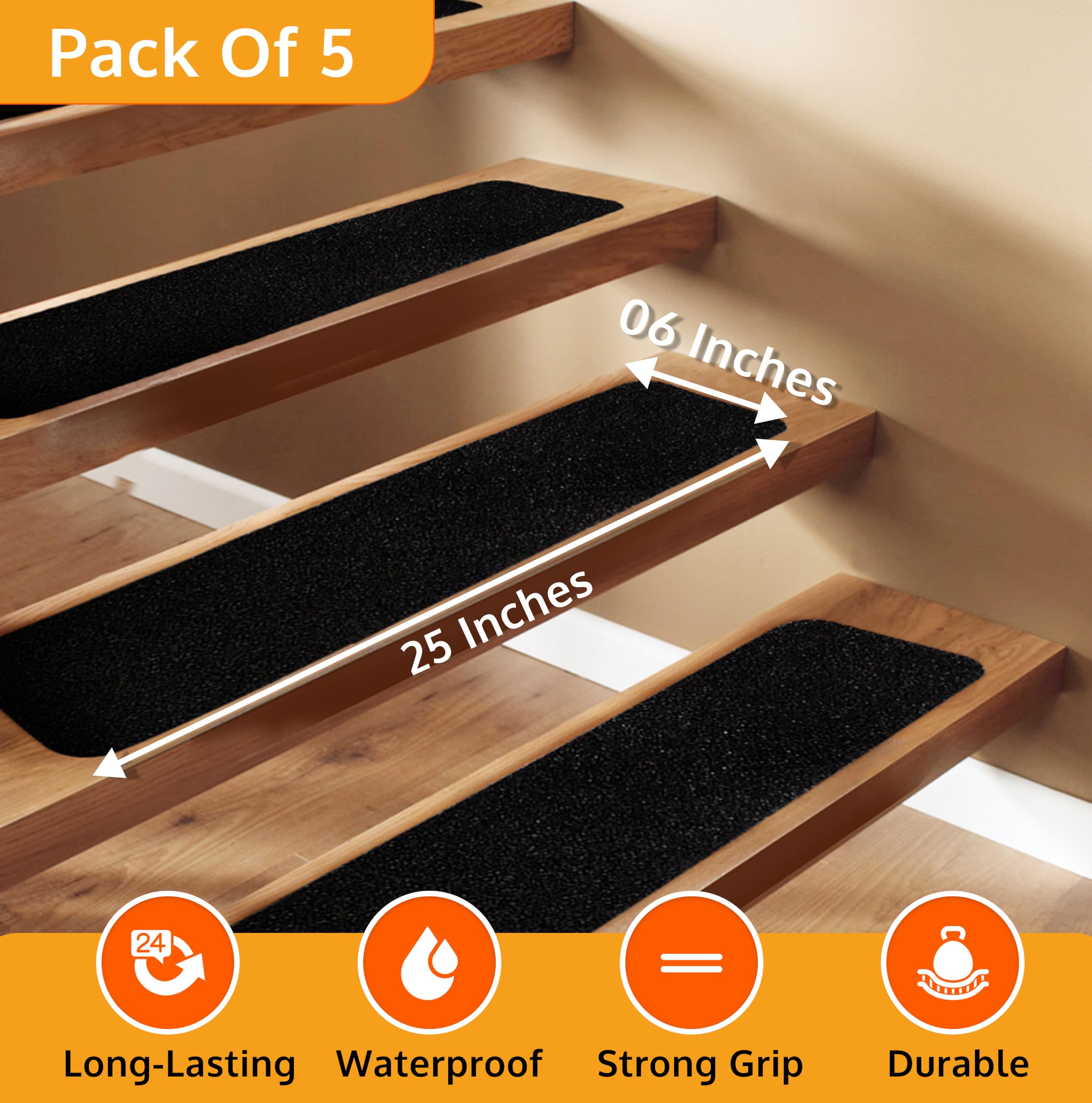 ThreadNanny stair treads peel-and-stick application for easy DIY installation.