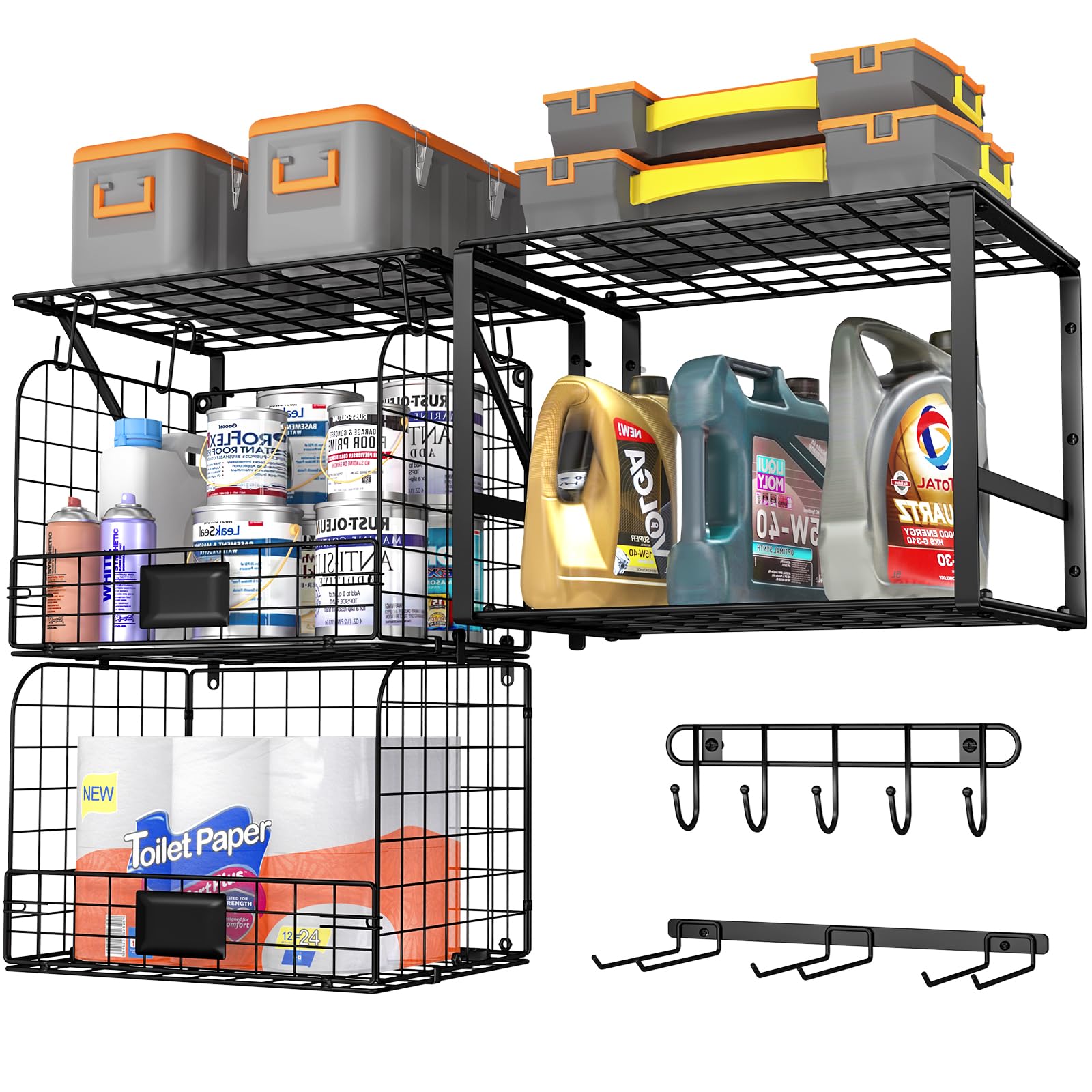 ThreeHio garage shelf with wall-mounted wire baskets keeps tools neatly organized and accessible.