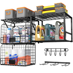 ThreeHio garage shelf with wall-mounted wire baskets keeps tools neatly organized and accessible.