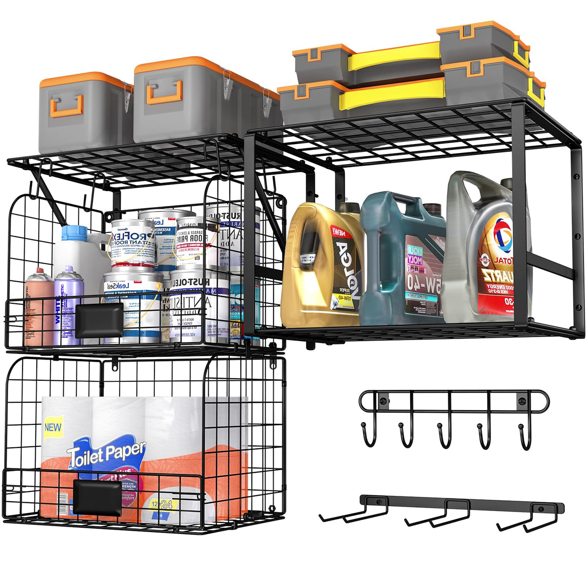 ThreeHio garage shelf with wall-mounted wire baskets keeps tools neatly organized and accessible.