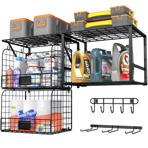 ThreeHio garage shelf with wall-mounted wire baskets keeps tools neatly organized and accessible.