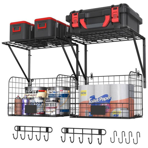 ThreeHio garage shelves wall-mounted with wire baskets for neat storage