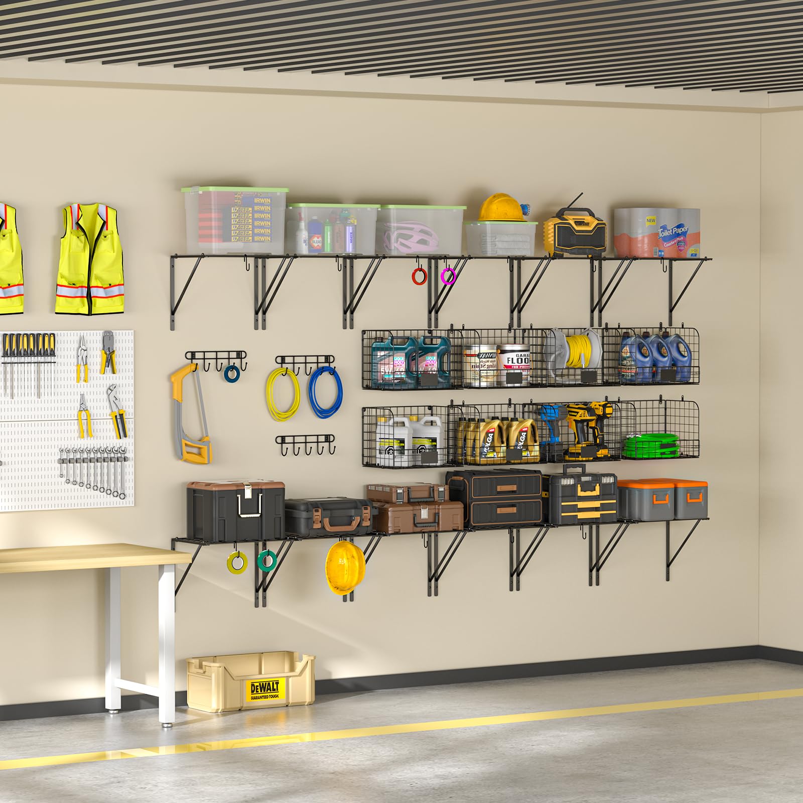 ThreeHio garden tools organized on shelves for quick access