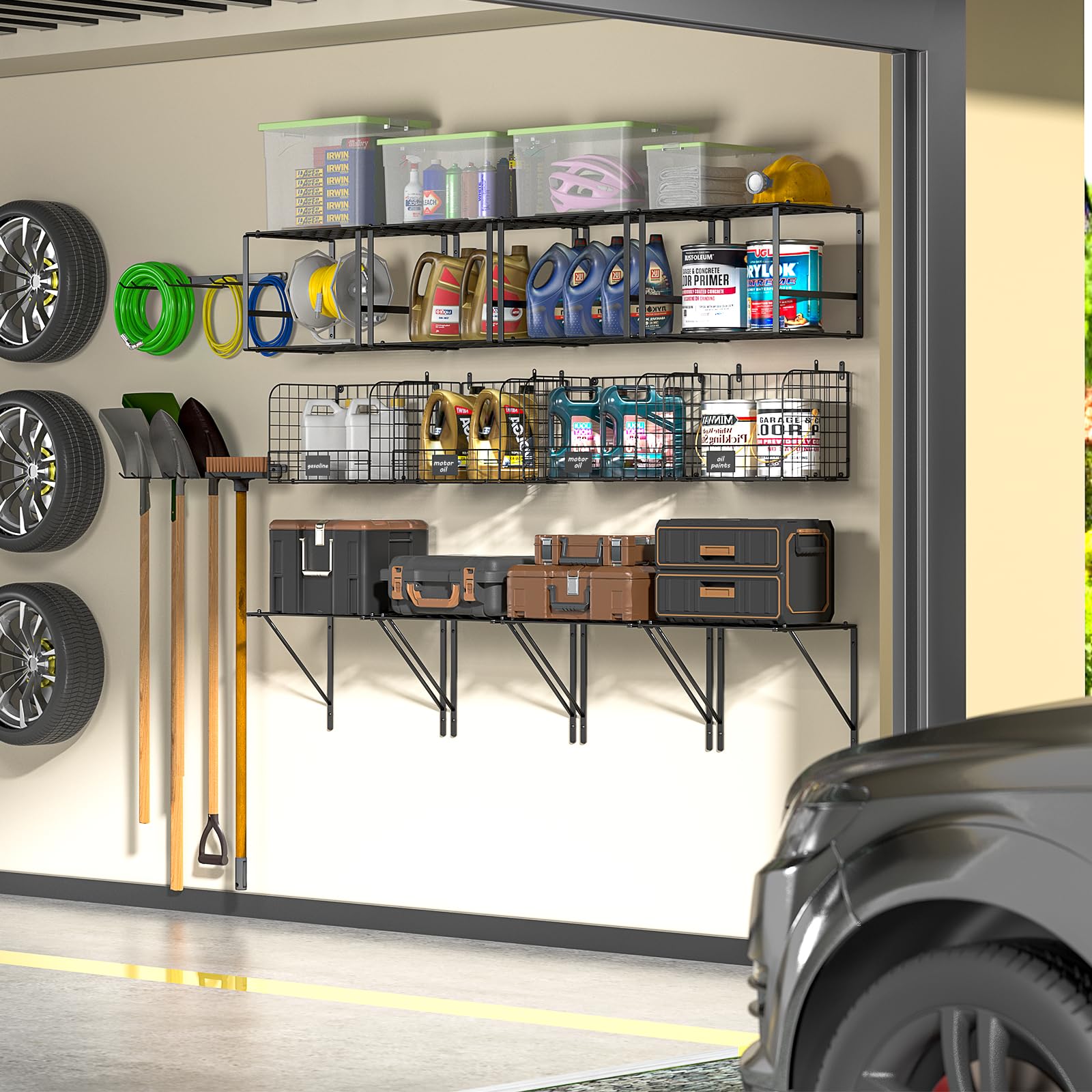 ThreeHio hook rack allows hanging baskets for quick reconfigurations.