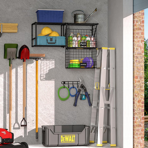 ThreeHio utility grid shelf with baskets for easy yard tool storage.