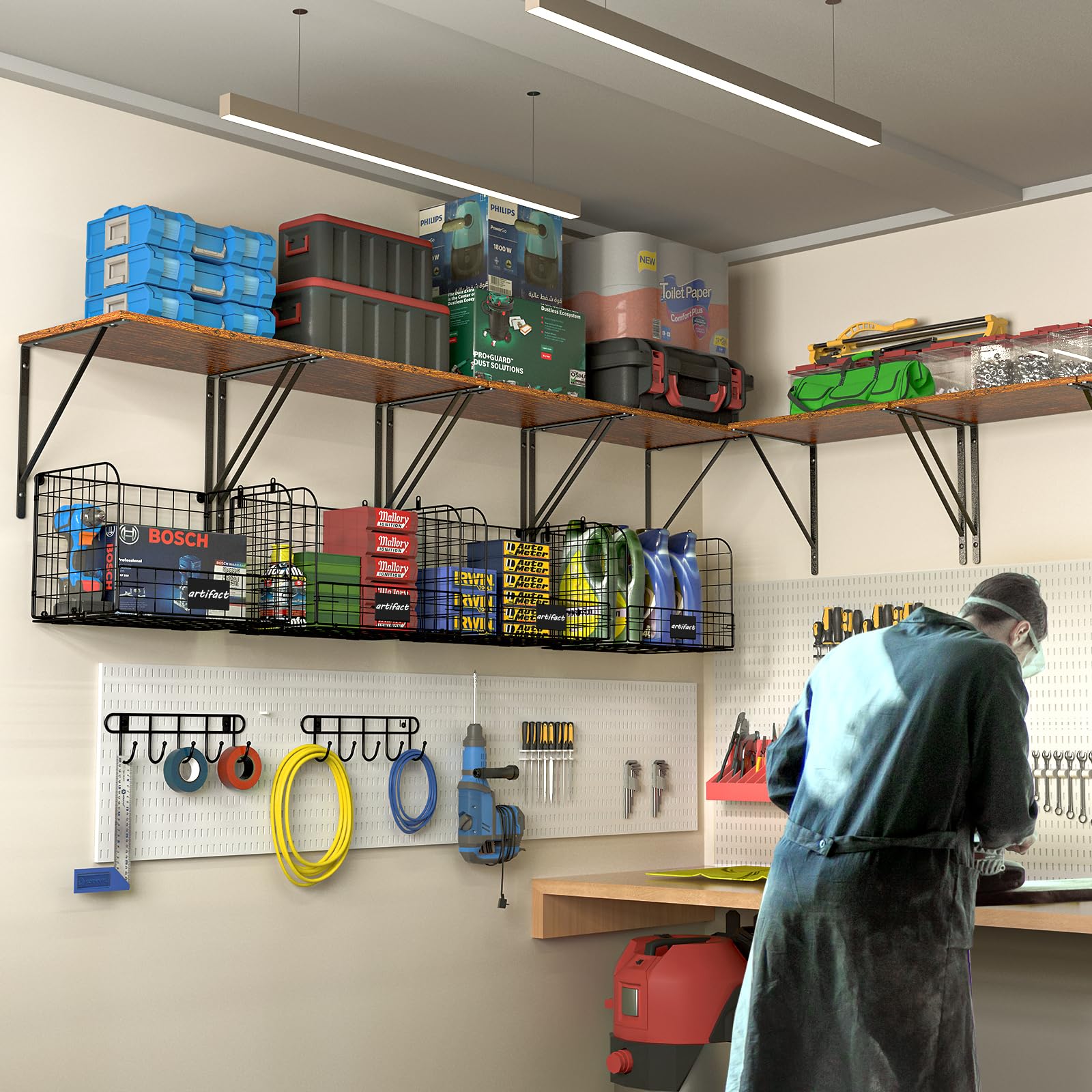 ThreeHio versatile storage solution enhances tidiness in garage and workshop.