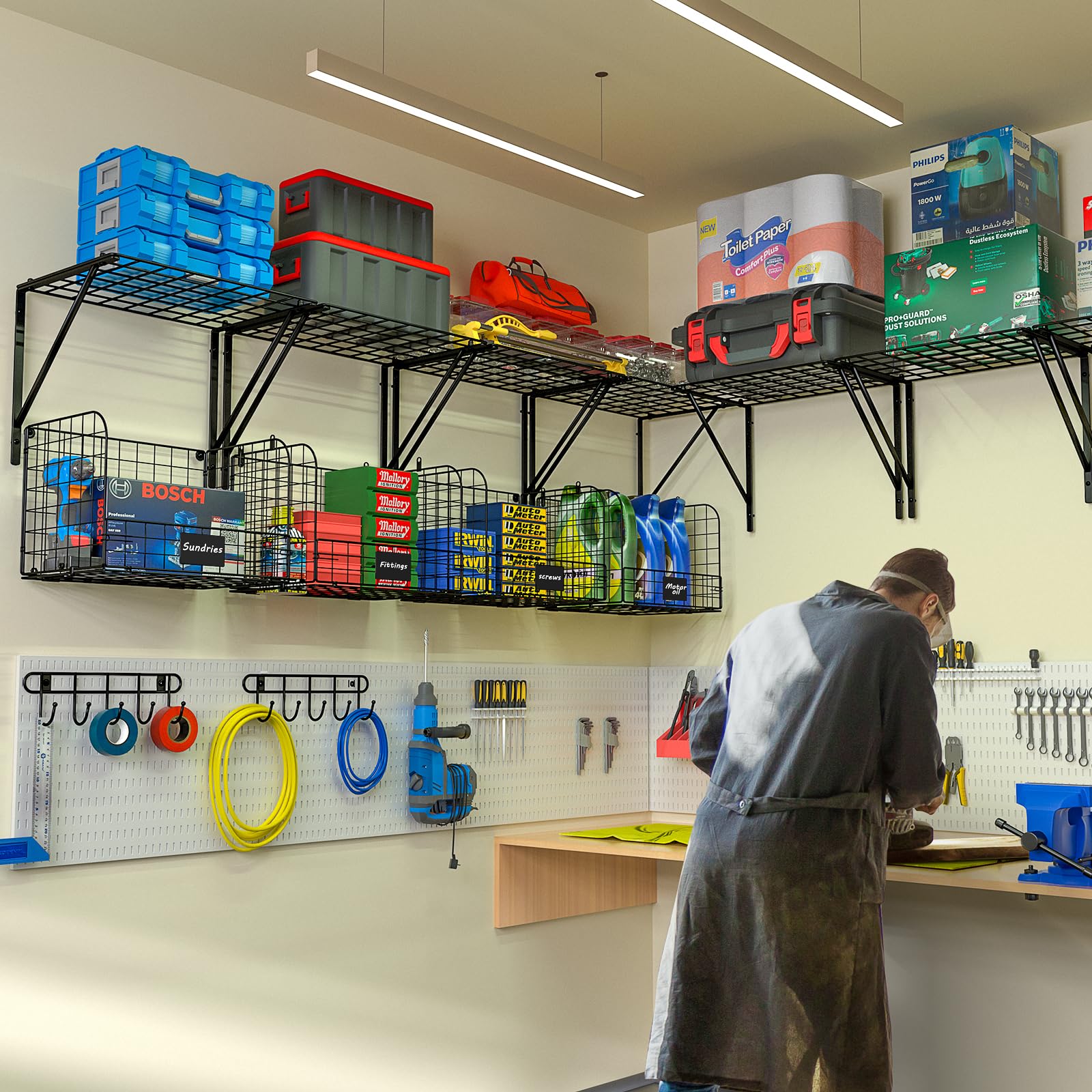 ThreeHio wire baskets on shelves ready for tool organization