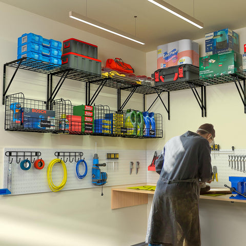 ThreeHio wire baskets on shelves ready for tool organization