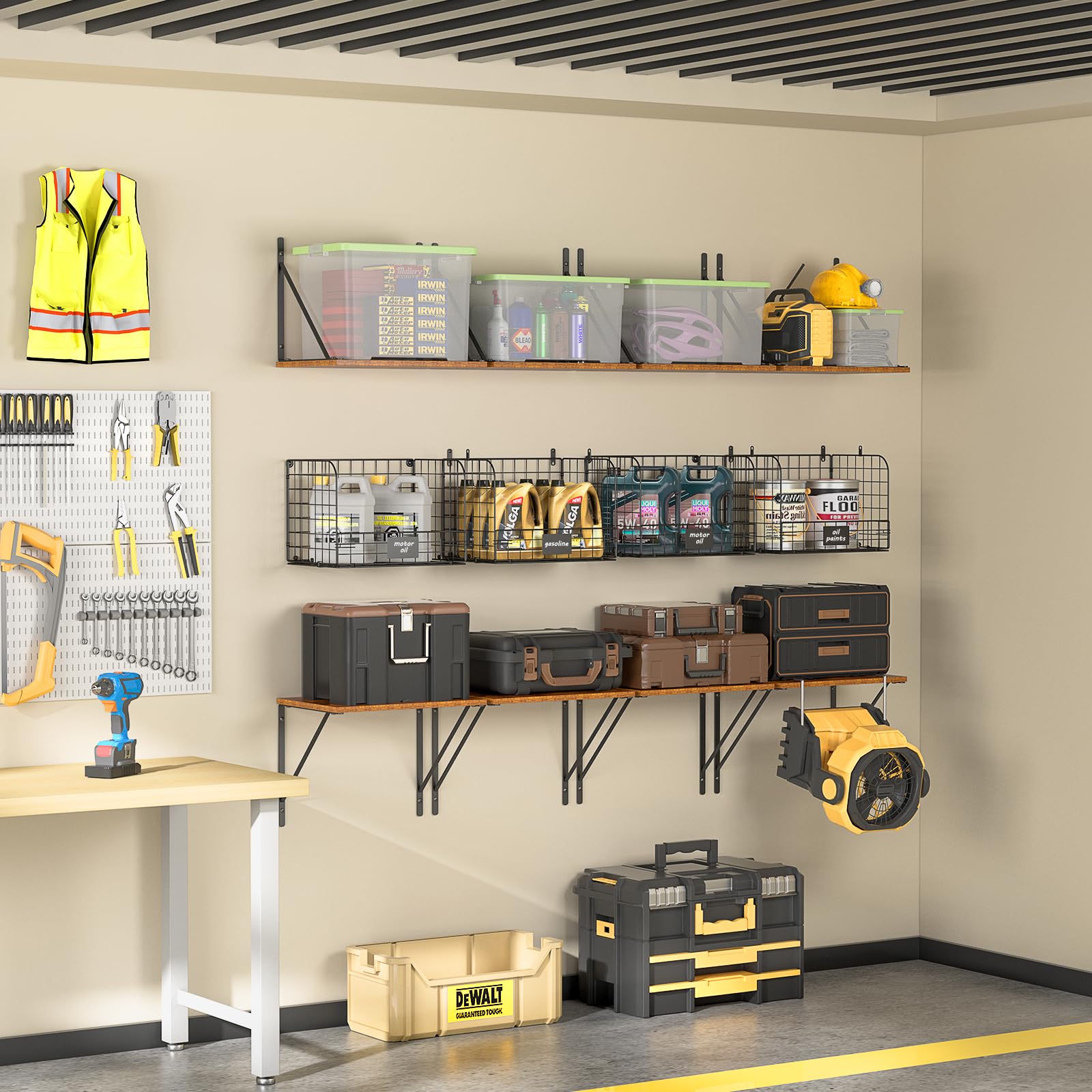 ThreeHio wooden floating shelf doubles as decor and storage.