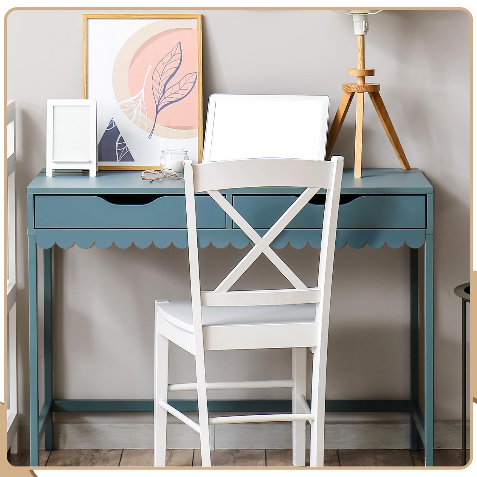 Threehoney nursery wall decor using scalloped trim for soft detail.