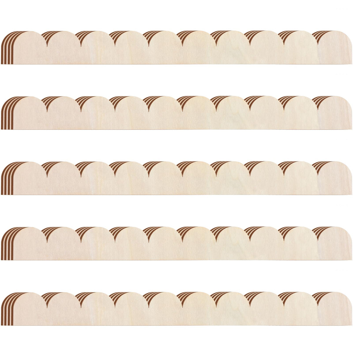 Threehoney scalloped wood trim close-up showing natural grain for DIY projects.