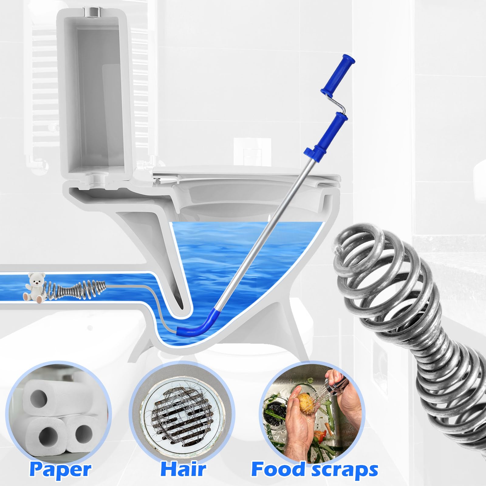 Threlaco drain snake with hook end removes hair and debris efficiently.
