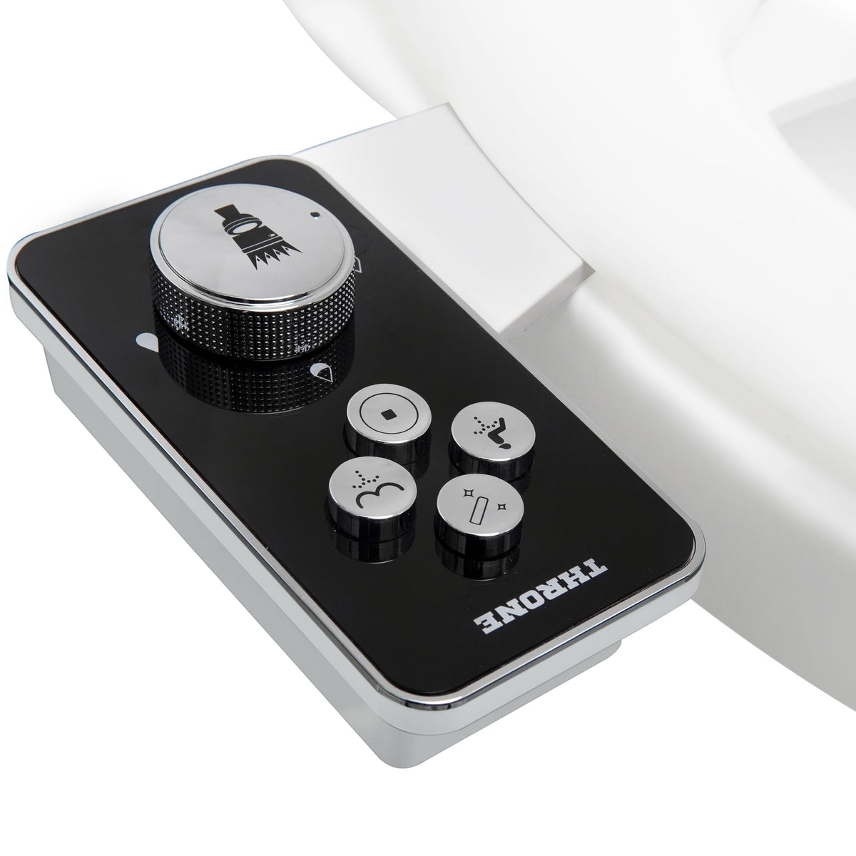 Throne Bidet Attachment front nozzle close-up for posterior hygiene.