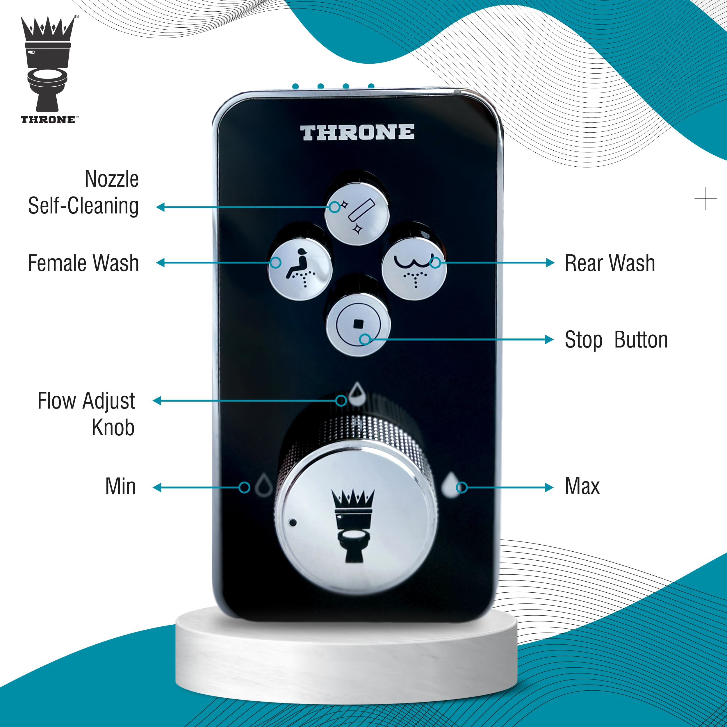 Throne Bidet Attachment rear nozzle close-up for feminine wash option.