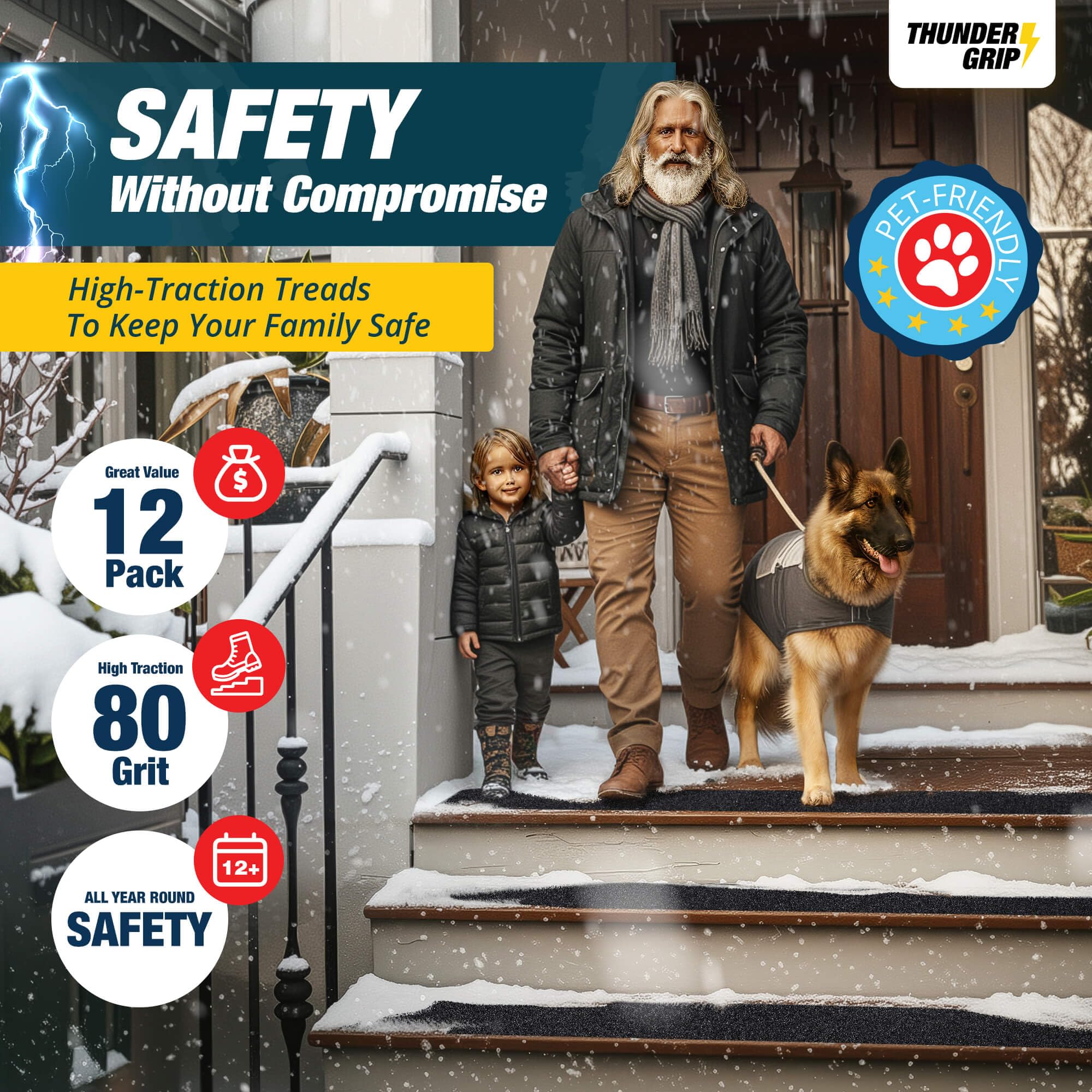 Thunder Grip 12-pack non slip stair treads offer durable outdoor grip for high traffic entrances.
