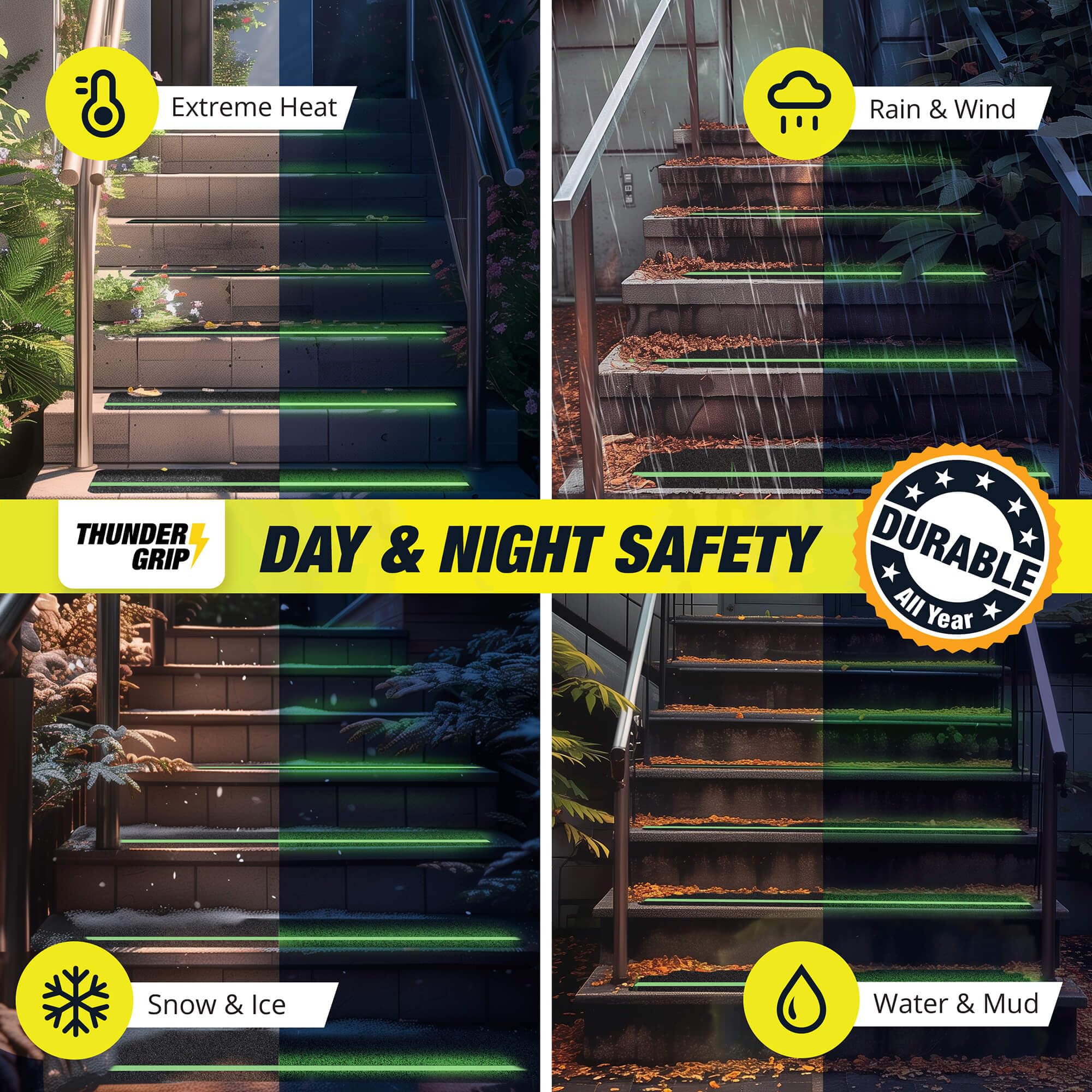 Thunder Grip 15-pack glow stair treads covering multiple outdoor steps