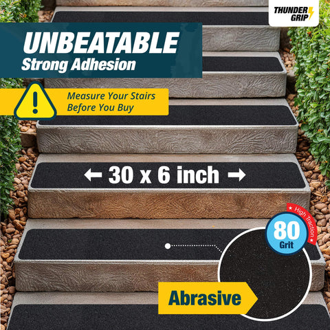 Thunder Grip 80-grit adhesive stair treads deliver strong adhesion for exterior stairs.