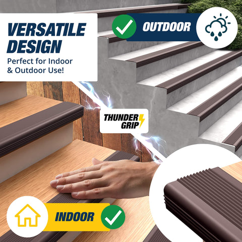 THUNDER GRIP brown rubber edge trim; indoor/outdoor stair protection and durability.
