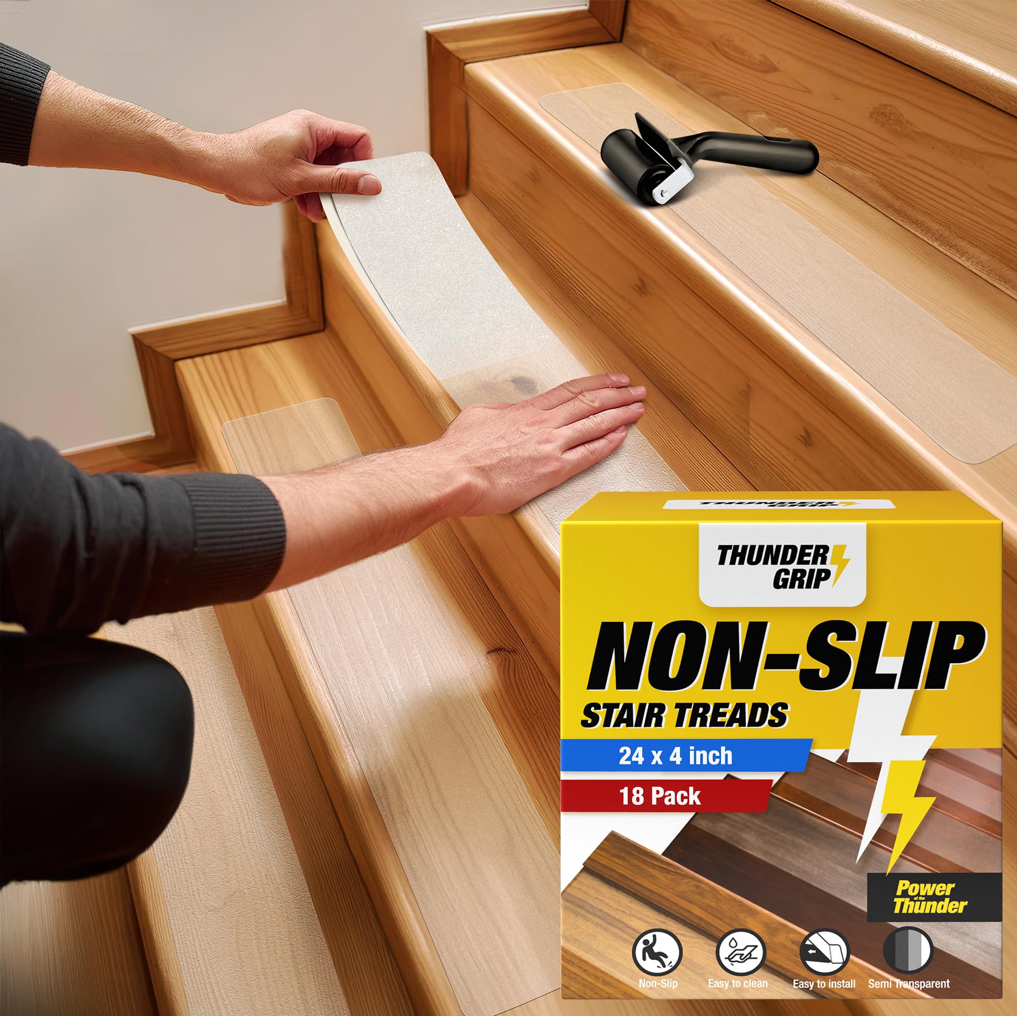 THUNDER GRIP clear stair treads on wooden steps provide extra traction indoors.