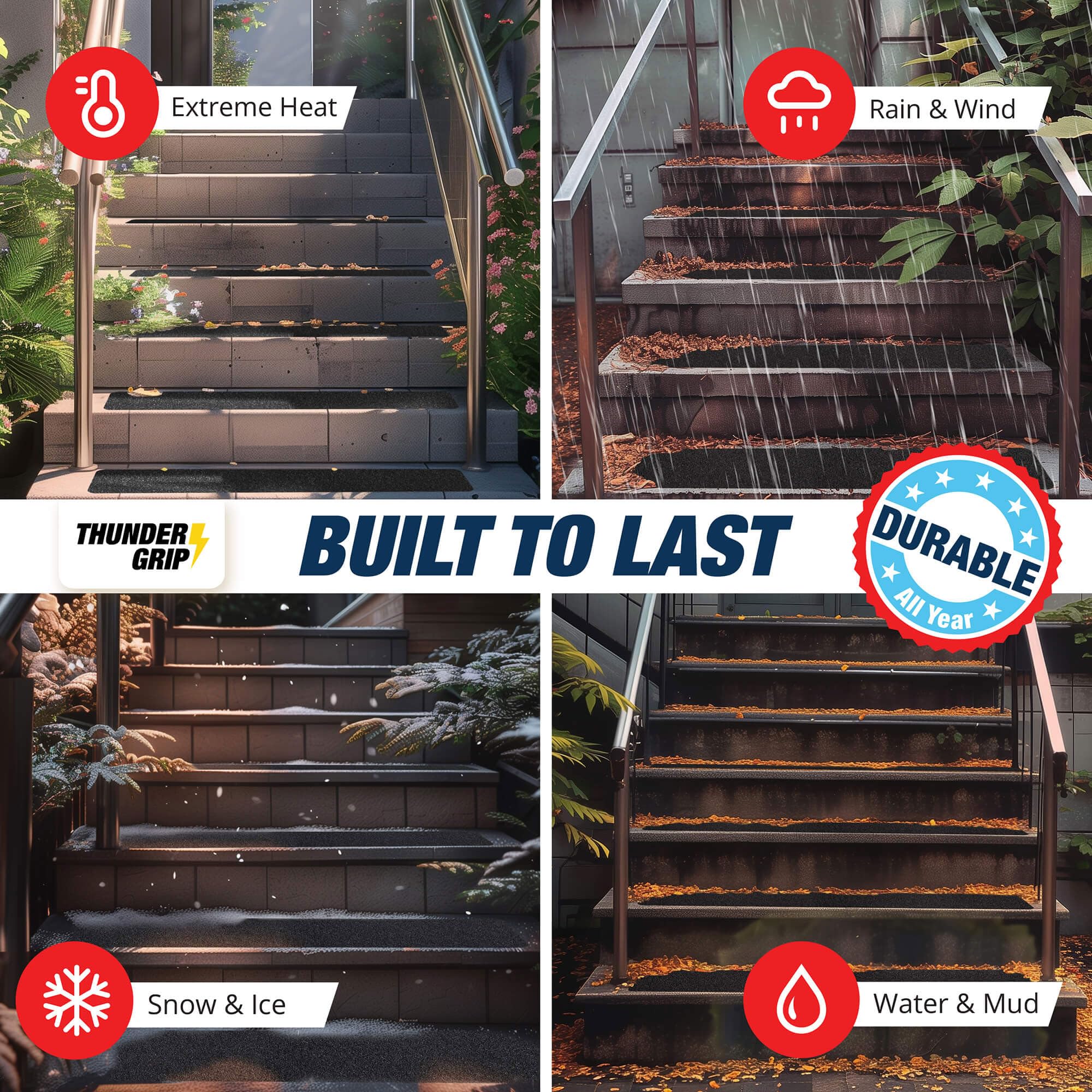 Thunder Grip weather resistant stair treads help reduce slips year round.