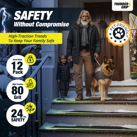 THUNDER GRIP 30x6 glow treads applied on steps improve grip in wet weather.