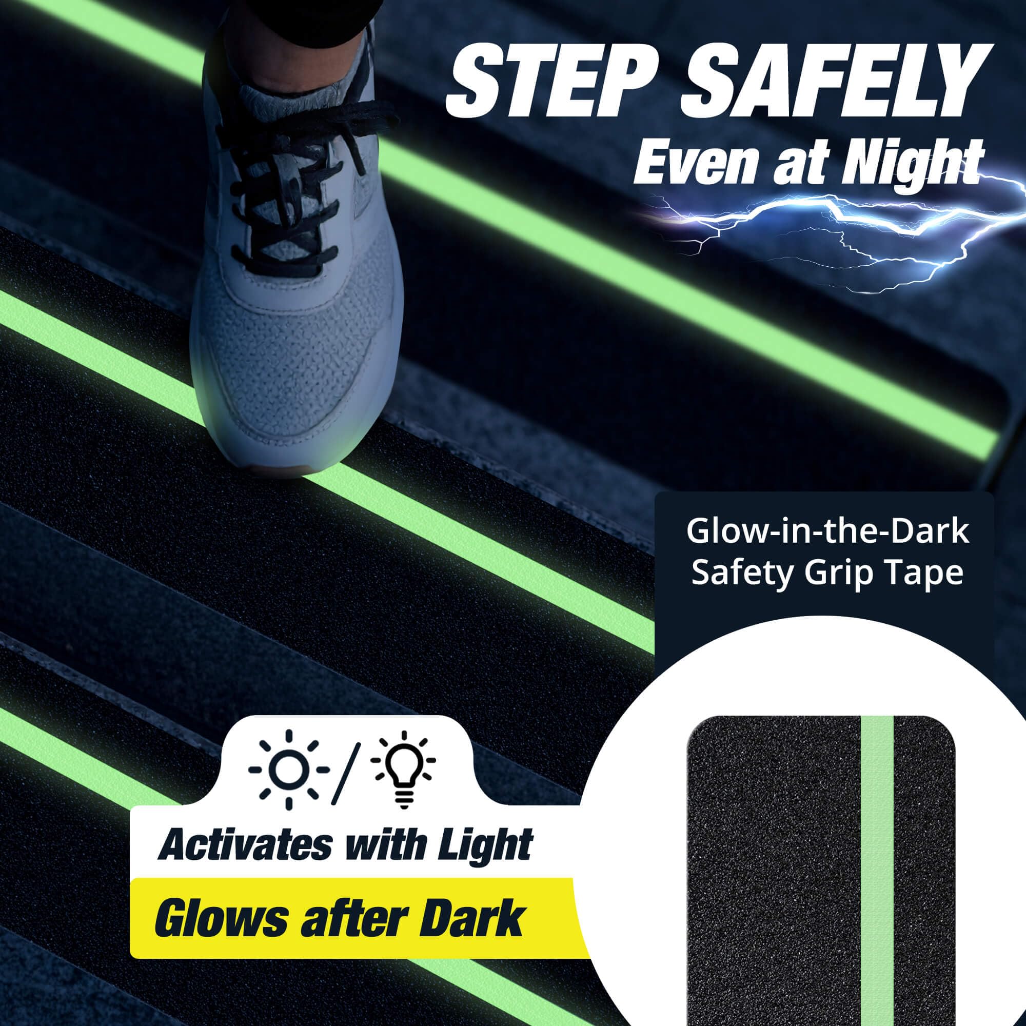 Heavy-duty adhesive Thunder Grip stair tape sticks securely on wooden stairs