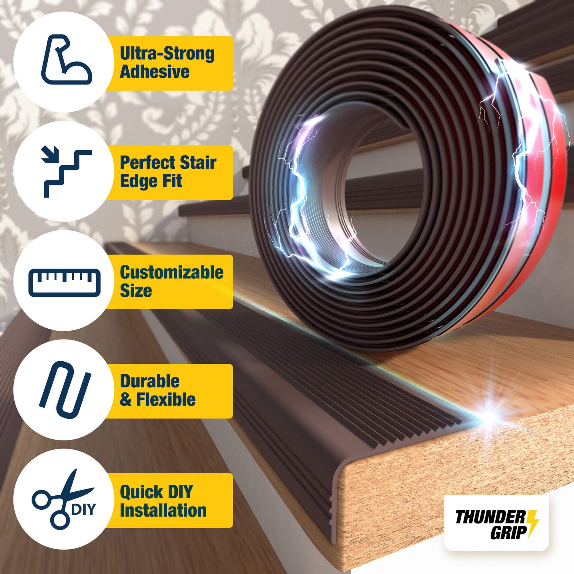 THUNDER GRIP indoor/outdoor protector; protects stair edges against wear.