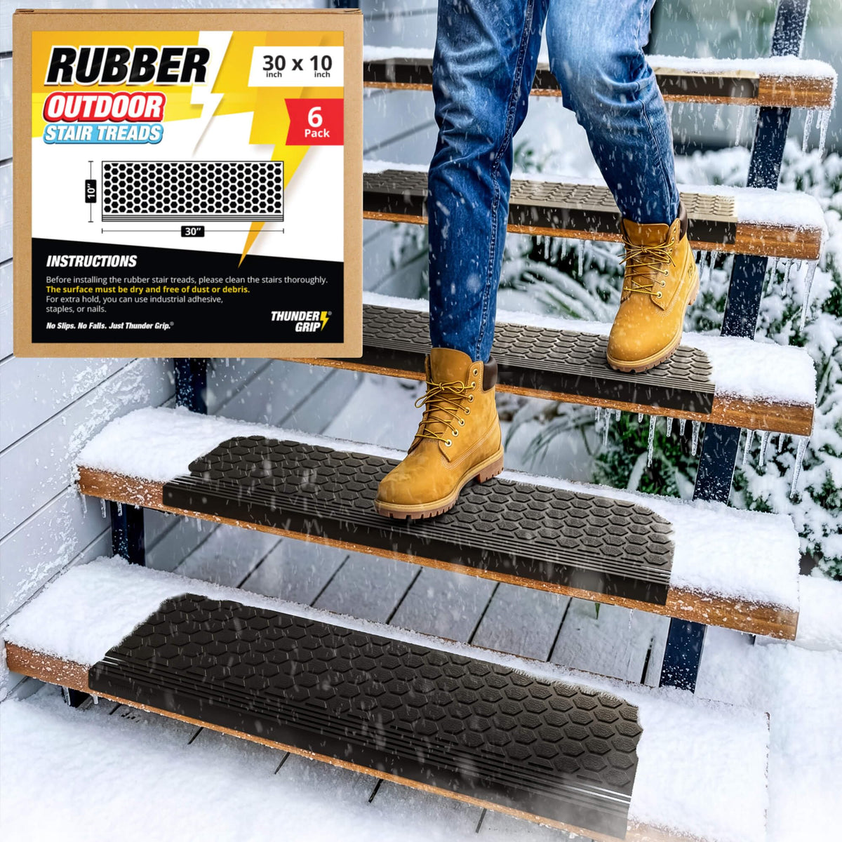 Thunder Grip outdoor stair treads 30x10 on wooden steps provide rain-ready grip.
