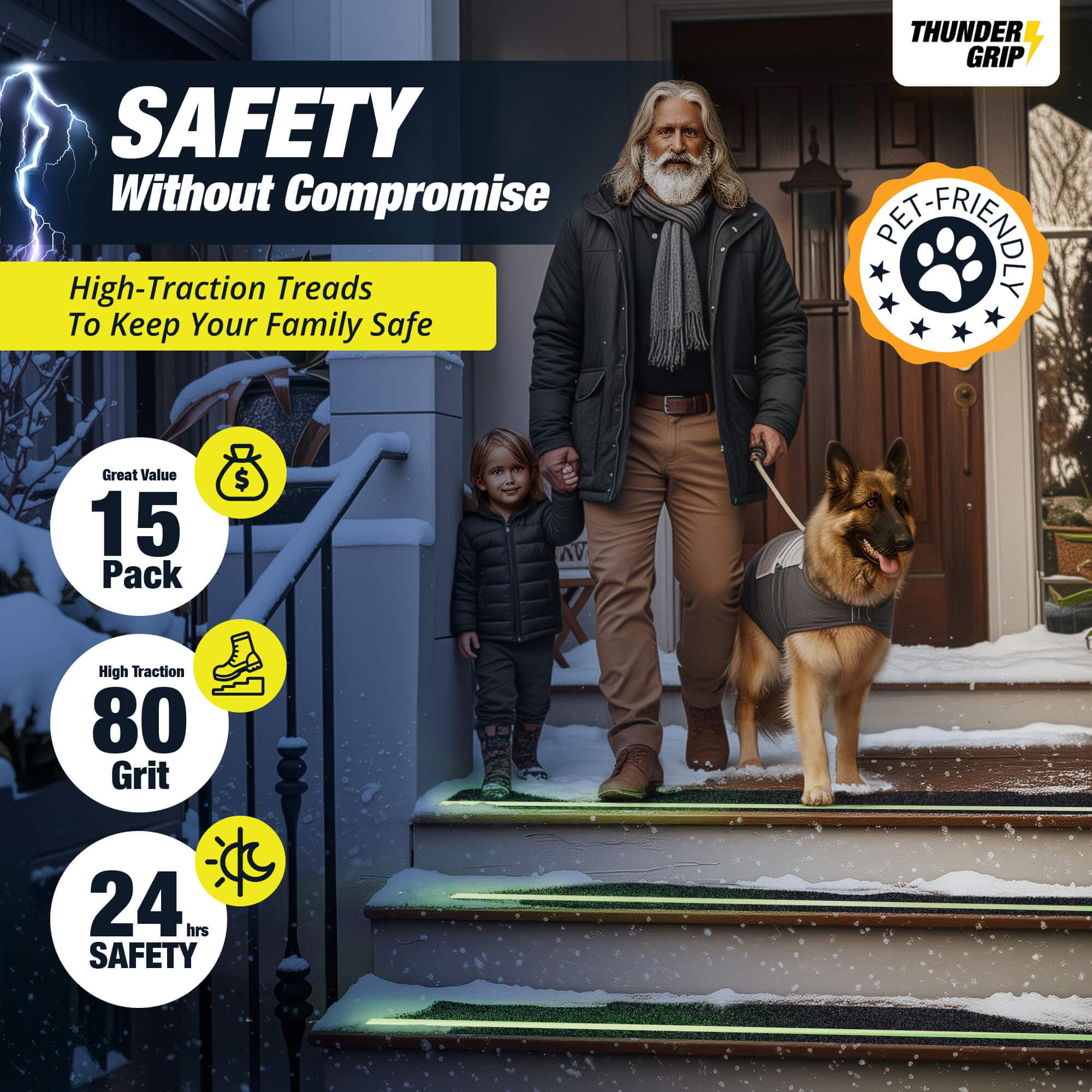 Glow-in-the-dark Thunder Grip stair treads on outdoor stairs for visibility at night