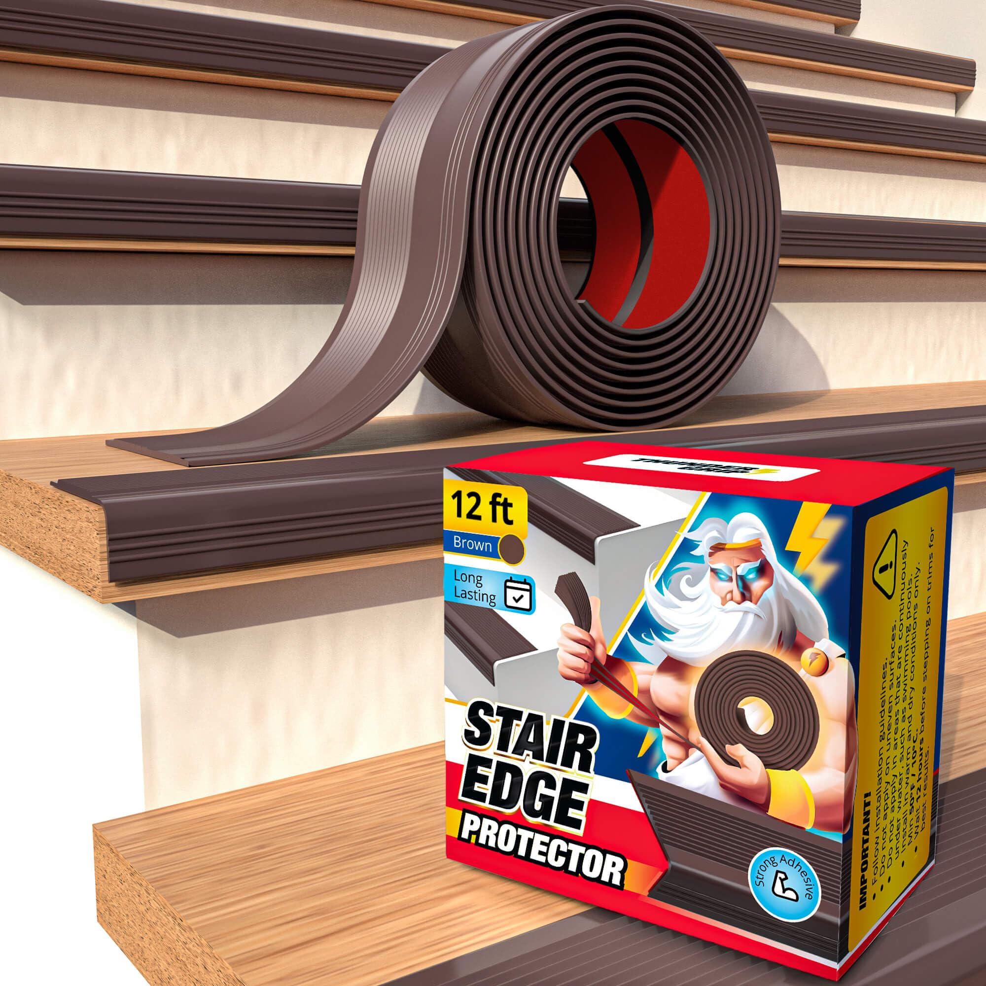 THUNDER GRIP stair edge 12ft brown on stairs; durable, non-slip protection.