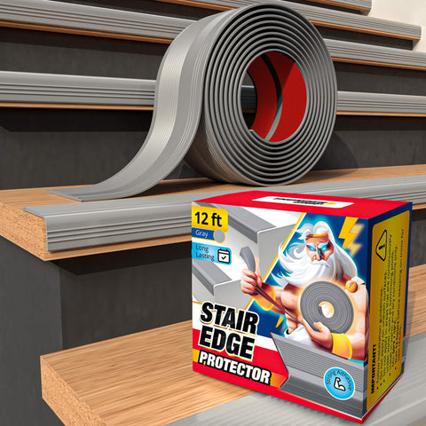 THUNDER GRIP stair edge protector 12ft gray on stairs provides durable edge protection for high-traffic areas.