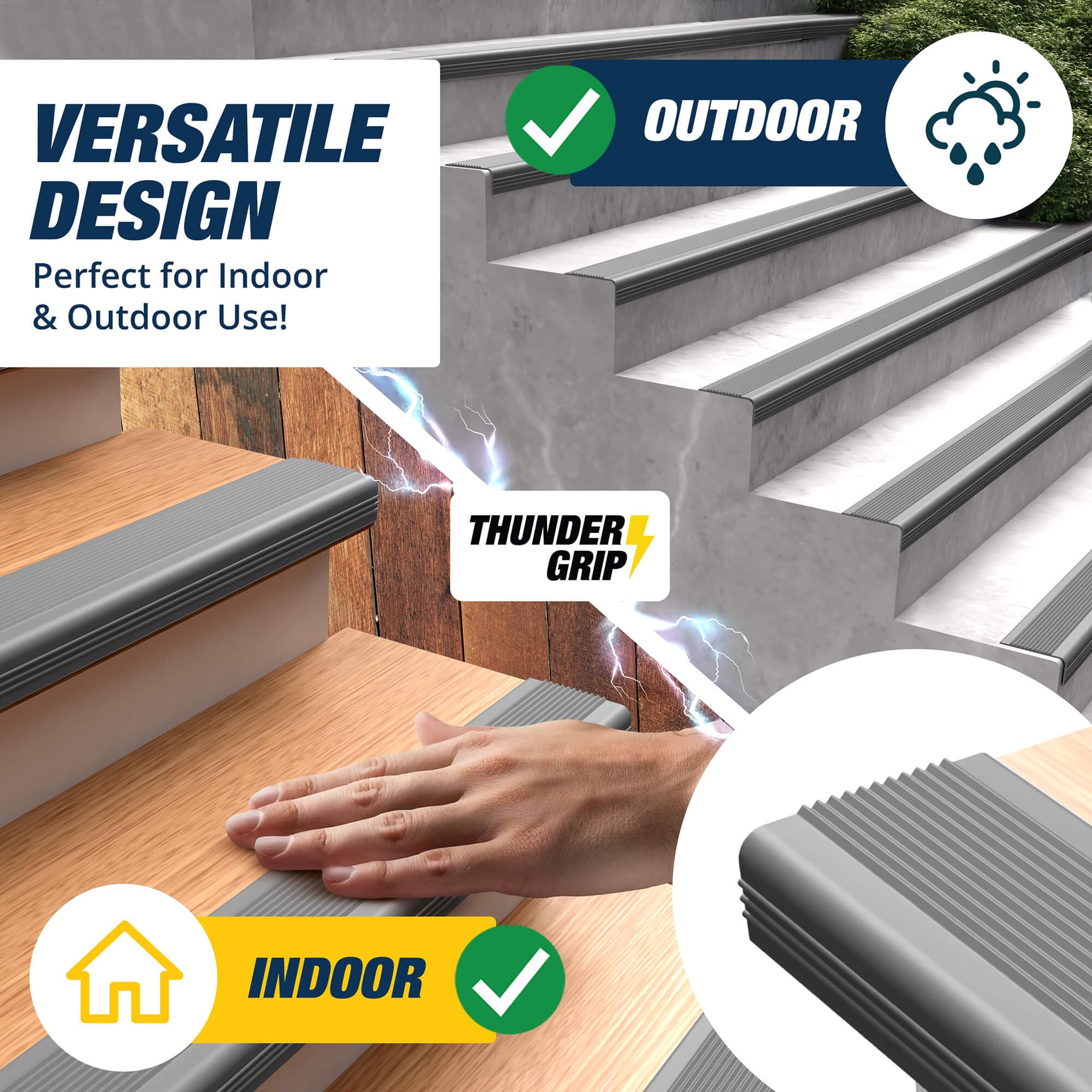 THUNDER GRIP stair edge protector adhesive back closeup shows quick, tool-free installation.