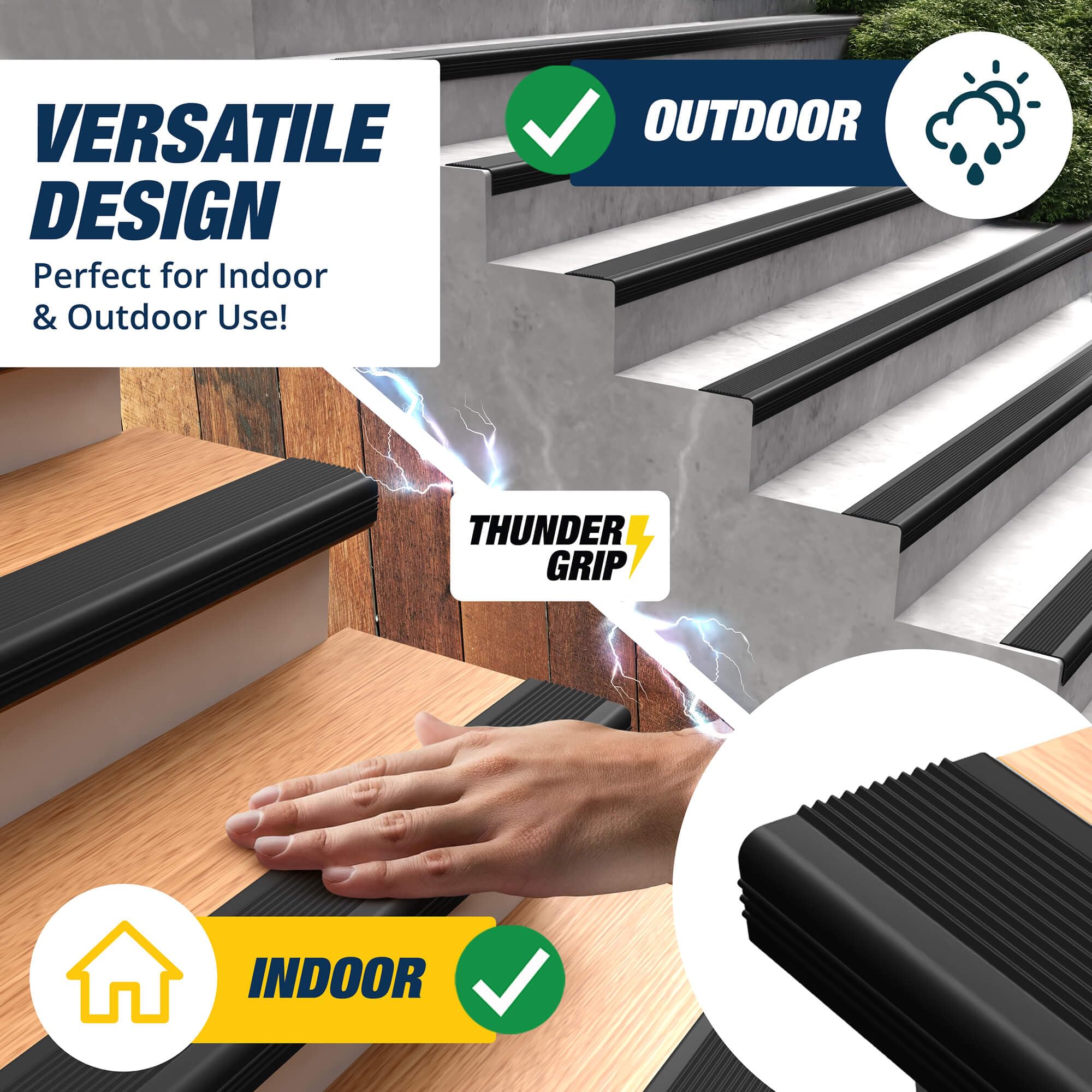 Thunder Grip adhesive-backed trim enables quick peel-and-stick installation for any stair.