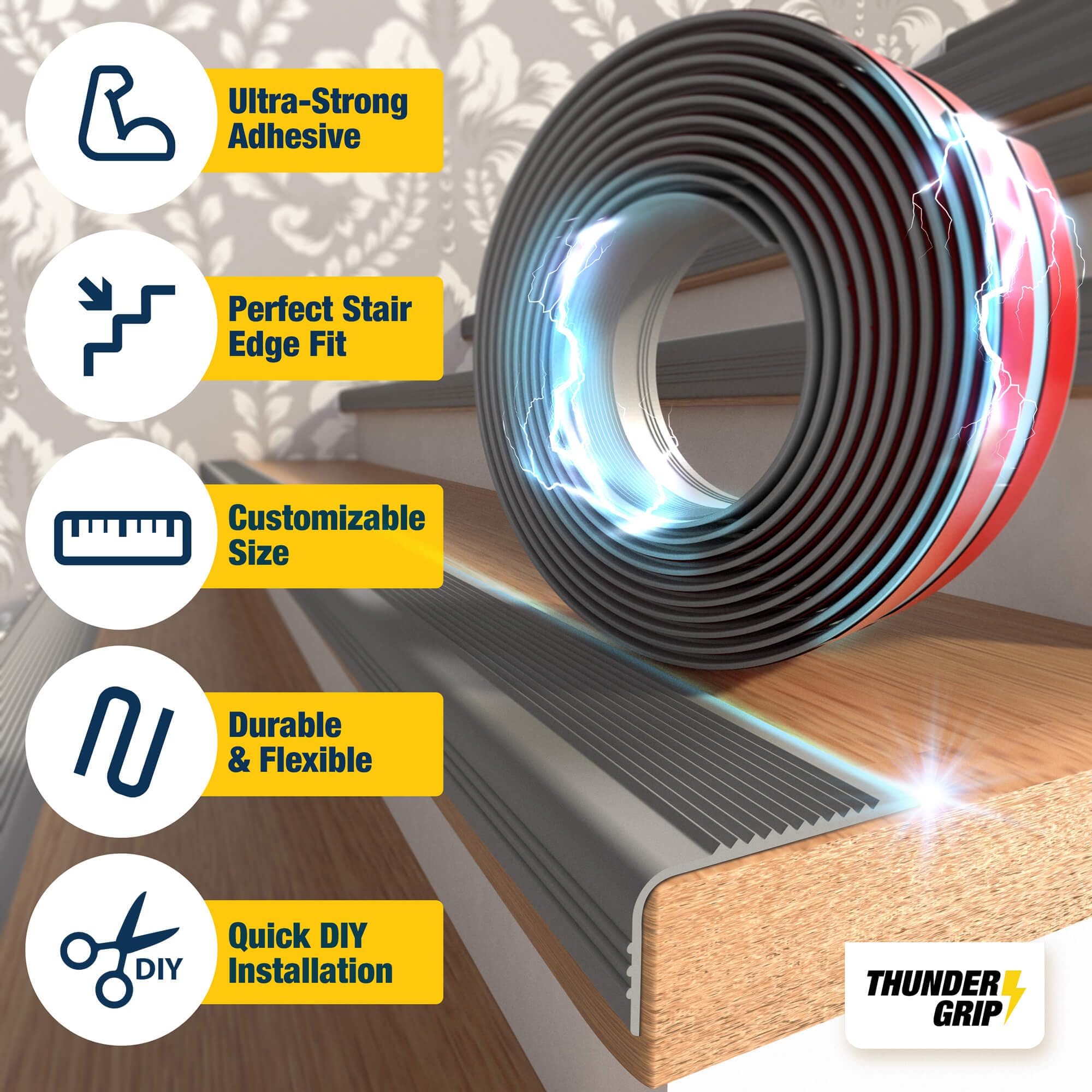 THUNDER GRIP stair edge protector slip-resistance texture improves traction on steps.