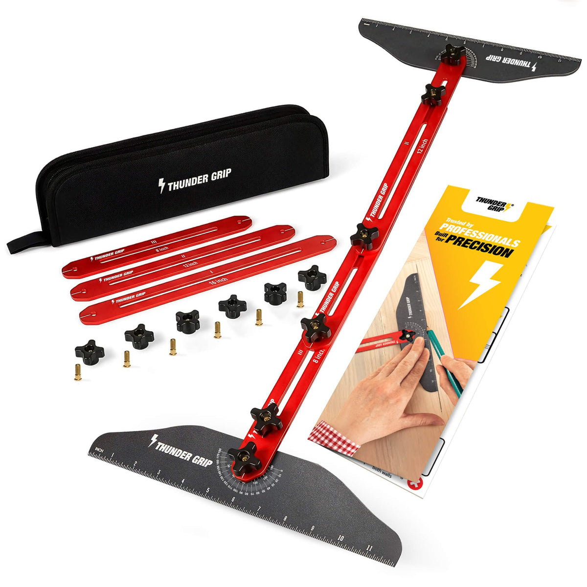 Thunder Grip stair tread template tool locked on stair for precise measurements and clean cuts
