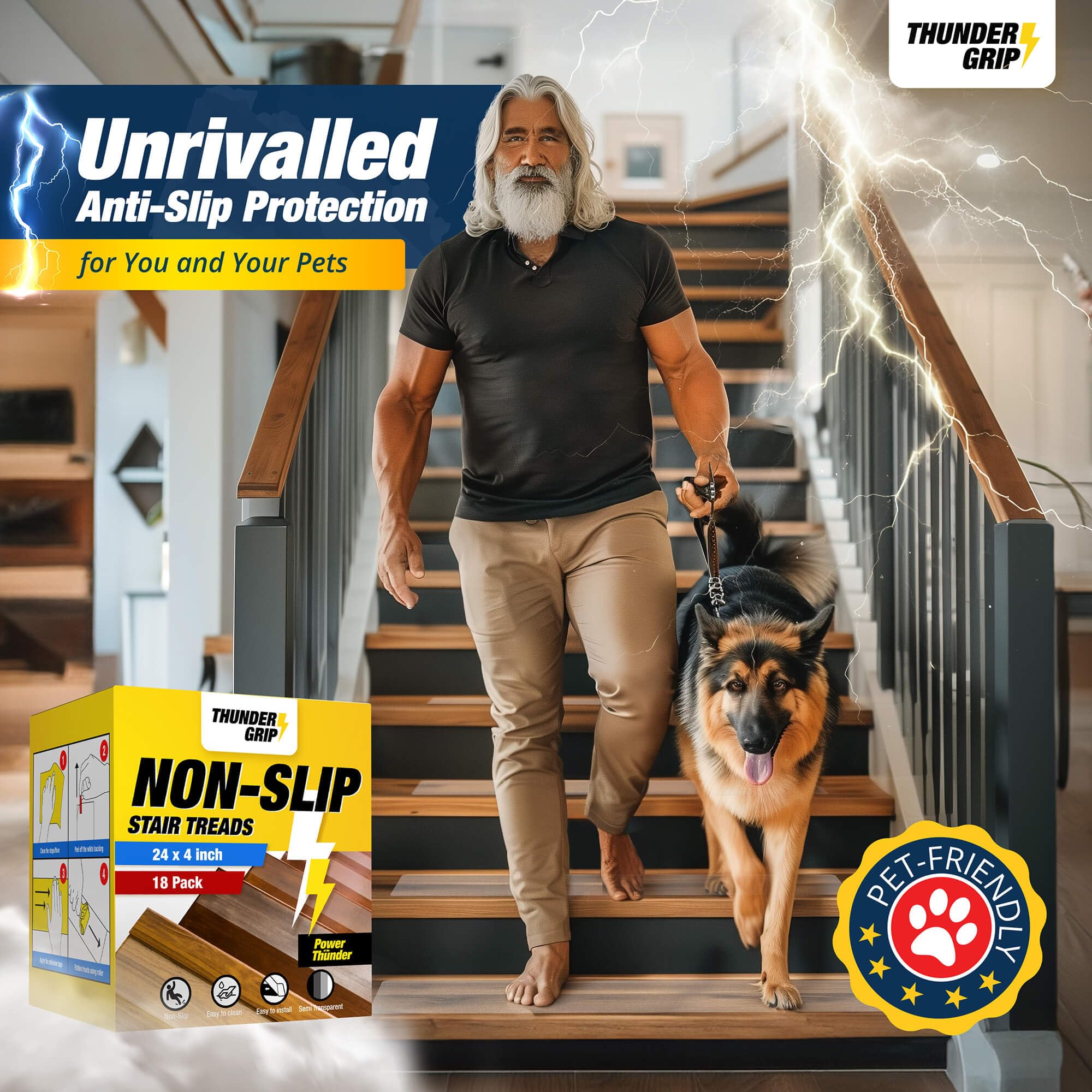 THUNDER GRIP transparent design blends with décor on indoor wooden stairs.